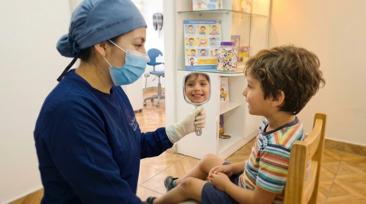 Odontóloga mostrando a un niño su sonrisa en un espejo